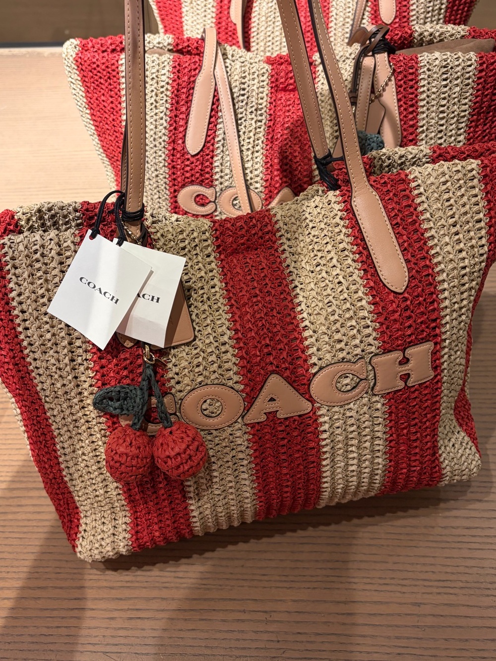 Coach Red and Cream Striped Crochet Tote with Pom-Pom Charm straw city tote new - Picture 4 of 14